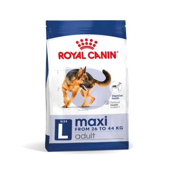 Royal Canin Maxi Adult dog food bag, featuring a German Shepherd on the front, labeled for dogs weighing 26 to 44 kg.