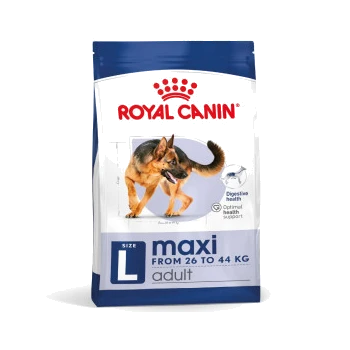 Royal Canin Maxi Adult dog food bag, featuring a German Shepherd on the front, labeled for dogs weighing 26 to 44 kg.