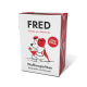 Karton mit "FRED Wuffmopolitan" Hundetrink, mit einem Cartoon-Hund, der einen Cocktail hält, mit dem Text, der angibt, dass es sich um eine Rinderbrühe mit Rosmarin handelt.