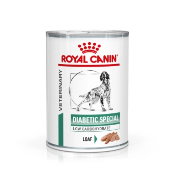 Nourriture en conserve pour chien de Royal Canin, étiquetée "Diabetic Special," avec une formule à faible teneur en glucides et une texture en pain.