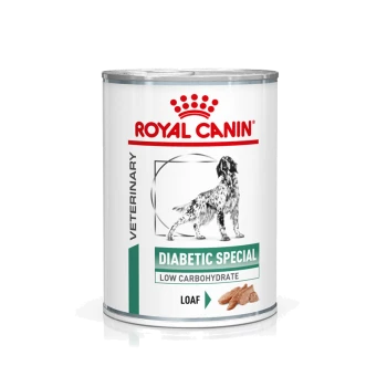 Dosenfutter für Hunde von Royal Canin, beschriftet mit "Diabetic Special," ausgestattet mit einer kohlenhydratarmen Formel und einer Laib-Textur.