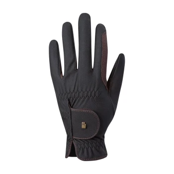 Schwarze Tierpflege-Handschuh mit strukturiertem Griff und braunen Akzenten, mit einem Handgelenksverschluss und dekorativen Nähten.