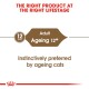 Adult cat food for ageing cats 12 years and older, labeled "Instinctively preferred by ageing cats."