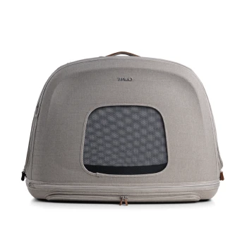 Grau Haustierträger mit einem Netzfenster, mit einem eleganten Design und einem braunen Ledergriff oben.