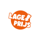 Oranje ronde kortingsbadge met vetgedrukte witte tekst LAGE PRIJS en een gestileerde witte pijl naar beneden