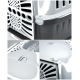 Nahaufnahme eines grauen und weißen Haustierträgers mit Belüftungsöffnungen, sicheren Verriegelungsmechanismen und einem robusten Design.