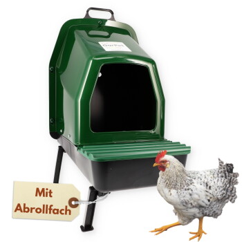 Grüne Hühnernestbox mit ausrollbarer Schublade, Schild 'Mit Abrollfach', weiße gesprenkelte Henne daneben.
