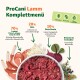 ProCani Lamm Komplettmenü mit einer Schüssel rohem Fleischgemisch, mit 70% Lamm, 20% Reis und 10% Rübe, das die ernährungsphysiologischen Vorteile hervorhebt.