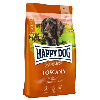 Happy Dog Sensible Toscana Hundefutterbeutel mit einem schwarzen Hund, mit Text, der "Ente & Lachs" und "11kg+" auf einem orangefarbenen Hintergrund hervorhebt.