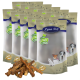 Eine Sammlung von sechs Lyra Pet Nature Power-Tüten, die eine Vielzahl von Hundebildern zeigen, neben einem Haufen natürlicher Hundeleckerlis.