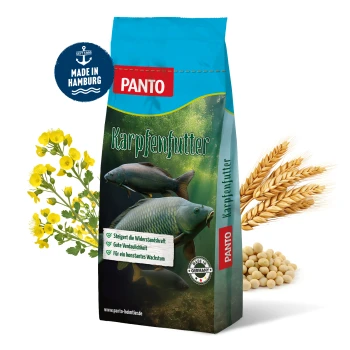 PANTO Karpfenfutterbeutel mit drei Fischillustrationen und Vorteilen: "Erhöht die Widerstandsfähigkeit", "Gute Verdaulichkeit", "Konstantes Wachstum."
