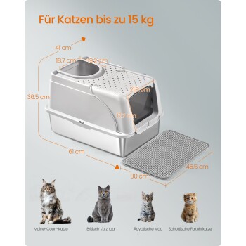 Geschlossene Katzentoilette mit Obereingang, grauer Matte und orangefarbenen Maßangaben; sichtbarer Text: "Für Katzen bis zu 15 kg".