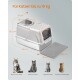 Geschlossene Katzentoilette mit Obereingang, grauer Matte und orangefarbenen Maßangaben; sichtbarer Text: "Für Katzen bis zu 15 kg".