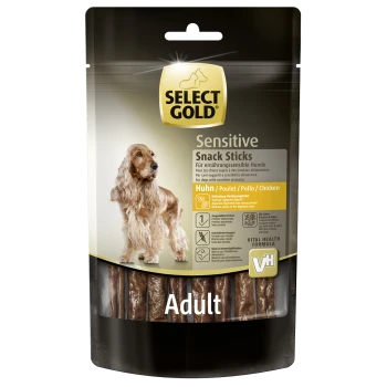 Select Gold Sensitive Snack Sticks für erwachsene Hunde mit empfindlichem Magen, Hähnchengeschmack, getreidefrei, Vital-Health-Formel.