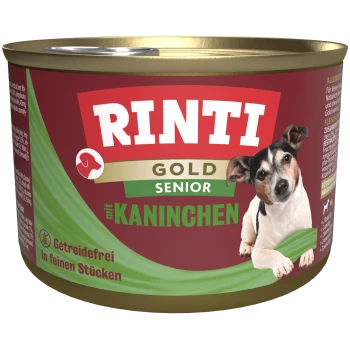 RINTI Gold Senior Hundefutterdose, mit einem grünen Etikett mit dem Text "mit Kaninchen" und "Getreidefrei."