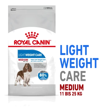 Royal Canin Light Weight Care Hundefuttertüte mit einer Illustration eines mittelgroßen Hundes und Text: "Hilft, Gewichtszunahme zu begrenzen" und "80% Erreichtes gesünderes Gewicht."