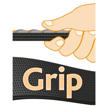 Illustration einer Hand, die eine strukturierte schwarze Oberfläche greift, mit dem Wort 'Grip', das prominent in Orange angezeigt wird.