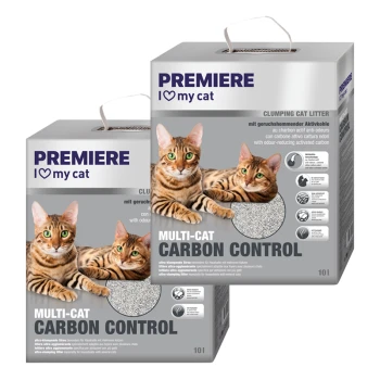 Deux boîtes de litière agglomérante "Premiere I Love My Cat," étiquetées "Multi-Cat Carbon Control," avec deux chats tigrés sur le devant.