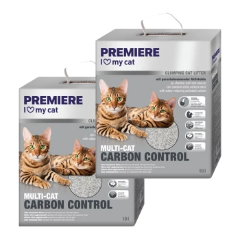 Zwei Boxen von "Premiere I Love My Cat" klumpendem Katzenstreu, beschriftet mit "Multi-Cat Carbon Control", mit zwei getigerten Katzen auf der Vorderseite.