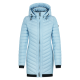 Helle blaue Daunenjacke mit Kapuze, mit einem Reißverschluss und gerippten Bündchen, vor einem weißen Hintergrund präsentiert.