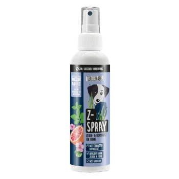 Eine weiße Sprühflasche mit der Aufschrift "Z-SPRAY" und einem blauen Herzdesign, das mit haustierbezogenen Symbolen verziert ist, vor einem hellblauen Hintergrund.