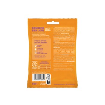 Dos d'un paquet de friandises pour animaux orange en français, mettant en avant "Bonbons Bien Joué" pour chiens avec du poulet frais, peu de calories, et sans céréales.