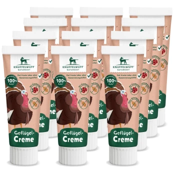 Röhren mit der Aufschrift "Knuffelwuff Naturkost Geflügel-Creme" mit einer Truthahn-Illustration, die 100% Truthahn, keine Konservierungsstoffe und Cranberries zeigt.