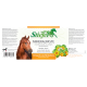Etikett der Stiefel Mineralpaste mit Pferdekopf, grünem Rennpferd-Logo, Blumen, Text "MINERALPASTE", "Fitness for horse legs", 850 g.
