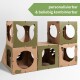 Pappspielhaus für Katzen mit Fächern, ausgeschnittenen Gesichtern und Camouflage-Design. Text: "personaliserbar & beliebig kombinierbar."