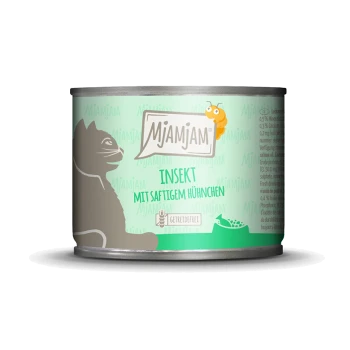 Katze Futterdose mit grünem Etikett, das eine Silhouette einer Katze zeigt, beschriftet mit "Mjamjam Insekt mit saftigem Hühnchen," getreidefrei.