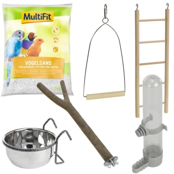 Bild von Vogelsupplies: MultiFit Vogelsand, Metallfutterschüssel, Holzstange, Schaukel, Leiter und Wasserspender.