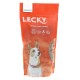 Rote LECKY Protein Snacktüte für Hunde, die ein Hundebild und Symbole für Insektenprotein, glutenfrei und magenfreundlich zeigt.