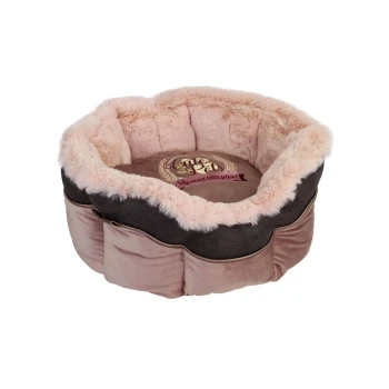 Liegeplatz Cute Pets Ein plüschiges Haustierbett mit einem weichen rosa Fellfutter und einem dunkelgrauen Äußeren, mit dem Text "Mein süßer kleiner Freund" in der Mitte.