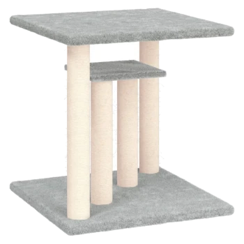 Grau Katzenbaum mit zwei Plattformen und vier beigen Kratzpfosten. Ideal für das Spielen und Ausruhen von Katzen.