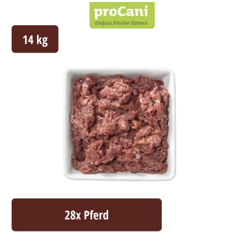 Packung proCani Horse Muscle Meat Hundefutter, 28 Portionen, gekennzeichnet mit 100 % natürlich, ohne Zusatzstoffe.