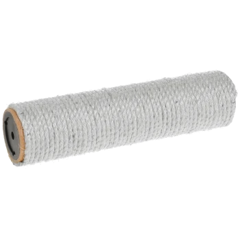 Een cilindrische kattenkrabpaal bedekt met natuurlijke sisal touw, ontworpen voor het spelen en krabben van huisdieren.