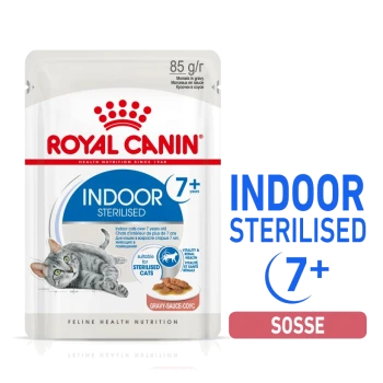 Royal Canin Indoor Sterilised Katzenfutterbeutel für Katzen über 7 Jahre, mit einer grauen Katze auf der Vorderseite und dem Text 'Gravy Sauce'.