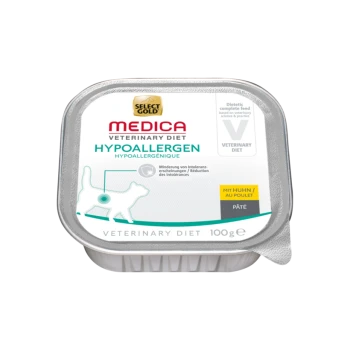 Hypoallergenisches Katzenfutter in einer 100g Schale, beschriftet "Select Gold Medica Veterinary Diet", mit einer Katzensilhouette und ernährungsbezogenen Angaben.