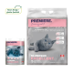 Verpackung von klumpendem Katzenstreu mit einer grauen Katze, beschriftet mit "Premiere. Ich liebe meine Katze" mit Babypuderduft.