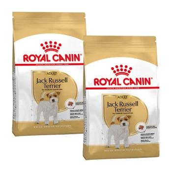 Zwei Tüten Royal Canin Hundefutter für erwachsene Jack Russell Terrier, mit einem Bild der Rasse und Details zur Ernährung.