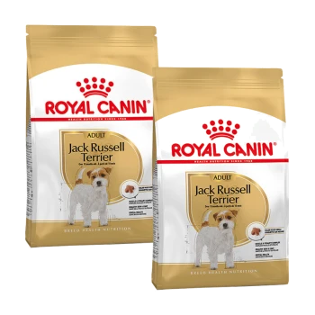 Zwei Tüten Royal Canin Hundefutter für erwachsene Jack Russell Terrier, mit einem Bild der Rasse und Details zur Ernährung.