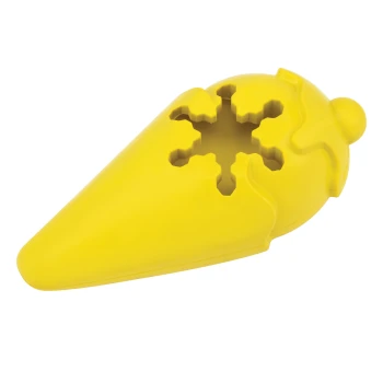 Gelbes Hundespielzeug in Form einer Eistüte mit einem Schneeflocken-Ausschnittdesign.