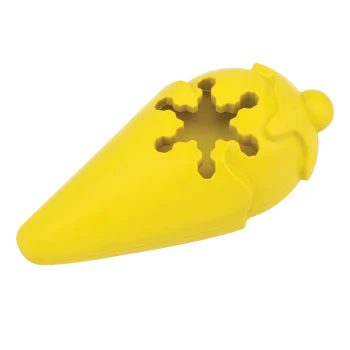 Gelbes Hundespielzeug in Form einer Eistüte mit einem Schneeflocken-Ausschnittdesign.