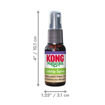 Bursztynowa butelka sprayu z etykietą 'KONG Naturals Catnip Spray' ze strzałkami pokazującymi wysokość 4\" (10,1 cm) i szerokość 1,25\" (3,1 cm).