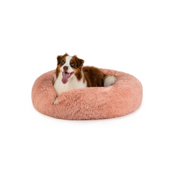 Donutbett rosa XXXL Ein glücklicher Australian Shepherd Hund, der in einem weichen, runden, rosa Haustierbett mit herausgestreckter Zunge entspannt und bequem aussieht.