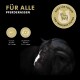 Schwarzes Pferd mit einer weißen Blesse auf schwarzem Hintergrund. Text lautet "FÜR ALLE PFERDERASSEN" mit Dosierung und Eignungsstempel für Fohlen und Stuten.