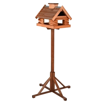Mangeoire en bois pour oiseaux en forme de maison, avec un toit incliné et un support robuste avec une base en trépied.