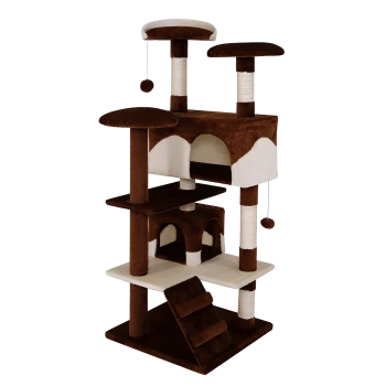 Katzenbaum mit mehreren Ebenen, braun- und cremefarbener Farbgebung, mit Kratzpfosten, Verstecken und hängenden Spielzeugen.