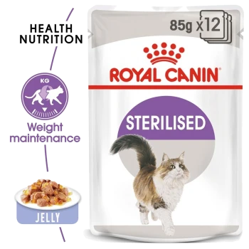 Royal Canin Sterilised cat food packaging, featuring a running cat illustration, with text highlighting "Health Nutrition" and "Weight maintenance."