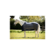 Ein weißes Pferd, das eine navyblaue gestreifte Decke trägt, steht auf einer grasbewachsenen Fläche mit Bäumen im Hintergrund.